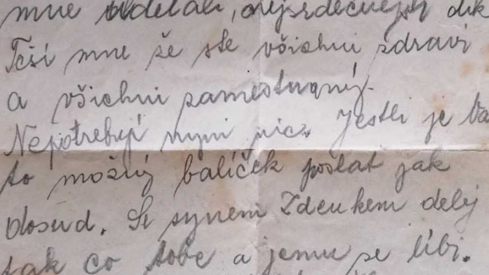 Vězeňský moták četníka Rudolfa Mertlíka adresovaný rodině z roku 1944