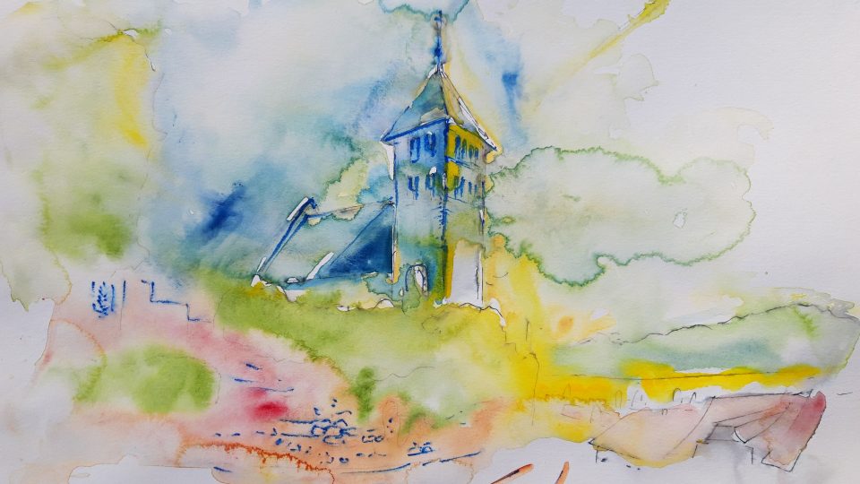 Milli Janatková: Kostel svatého Petra a Pavla v Poříčí nad Sázavou (akvarel)