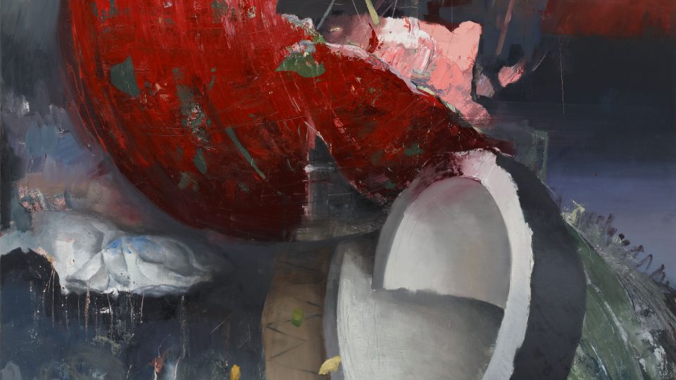 Daniel Pitín, Exploze, 2018,  olej, akryl a papír na plátně, 200 x 180 cm, Národní galerie Praha