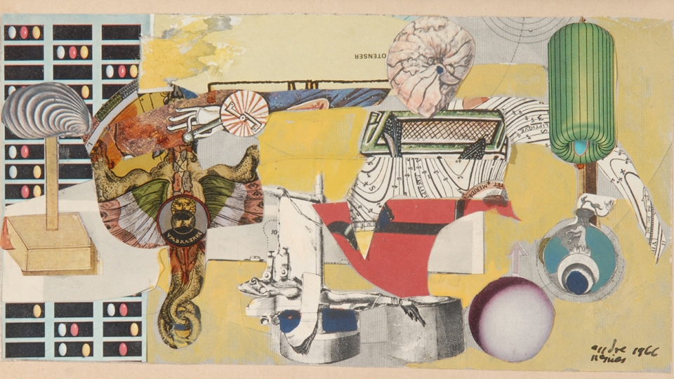 Nemes Endre (Maďarsko), „Návrh nástěnné malby“, (1977), papír – koláž, 12,5 x 23,5 cm