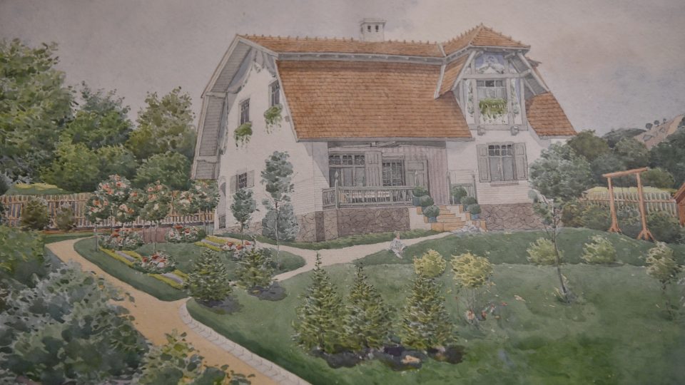 Obraz v chodbě ilustruje původní podobu domu se zahradou