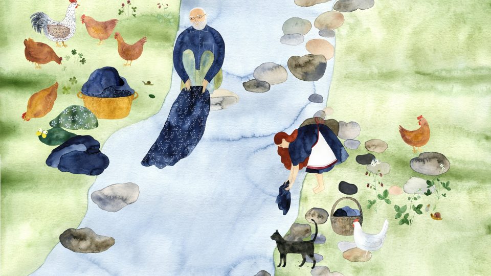 Ilustrace z dětské knížky Apolenka z modrotisku