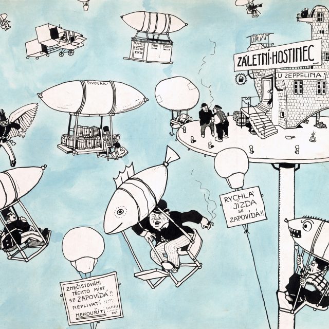Ilustrace Karla Vavřiny z Humoristických listů  (1912) o dopravě  (a chození do hospod) v budoucnosti | foto: Památník národního písemnictví / Muzeum literatury