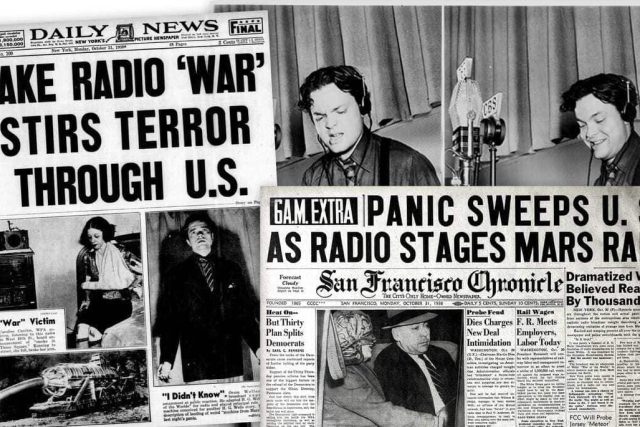 Americká média prý v říjnu 1938 zachvátila panika ohledně Wellesovy rozhlasové adaptace Války světů. Dodnes se vedou spory,  do jaké míry je obraz této paniky pravdivý. Odborníci tvrdí,  že je výsledkem rivality mezi tištěnými médii a rozhlasem | foto: Click Americana